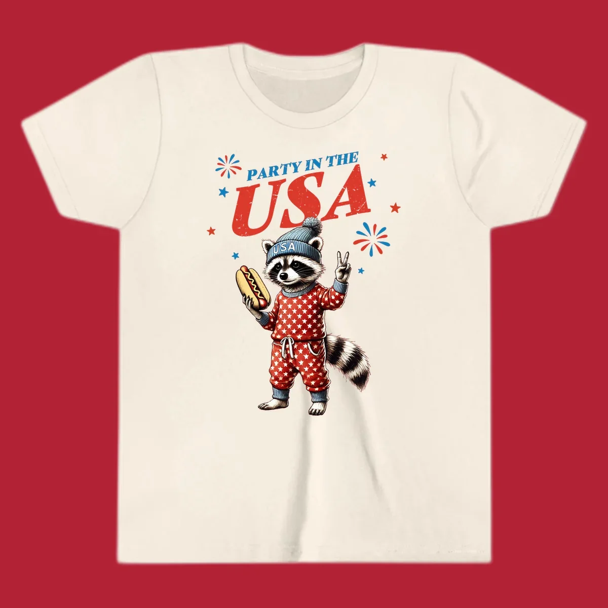 A cartoon raccoon wearing a USA beanie and star-patterned pajamas, holding a hotdog and making a peace sign, with 'PARTY IN THE USA' text and fireworks.