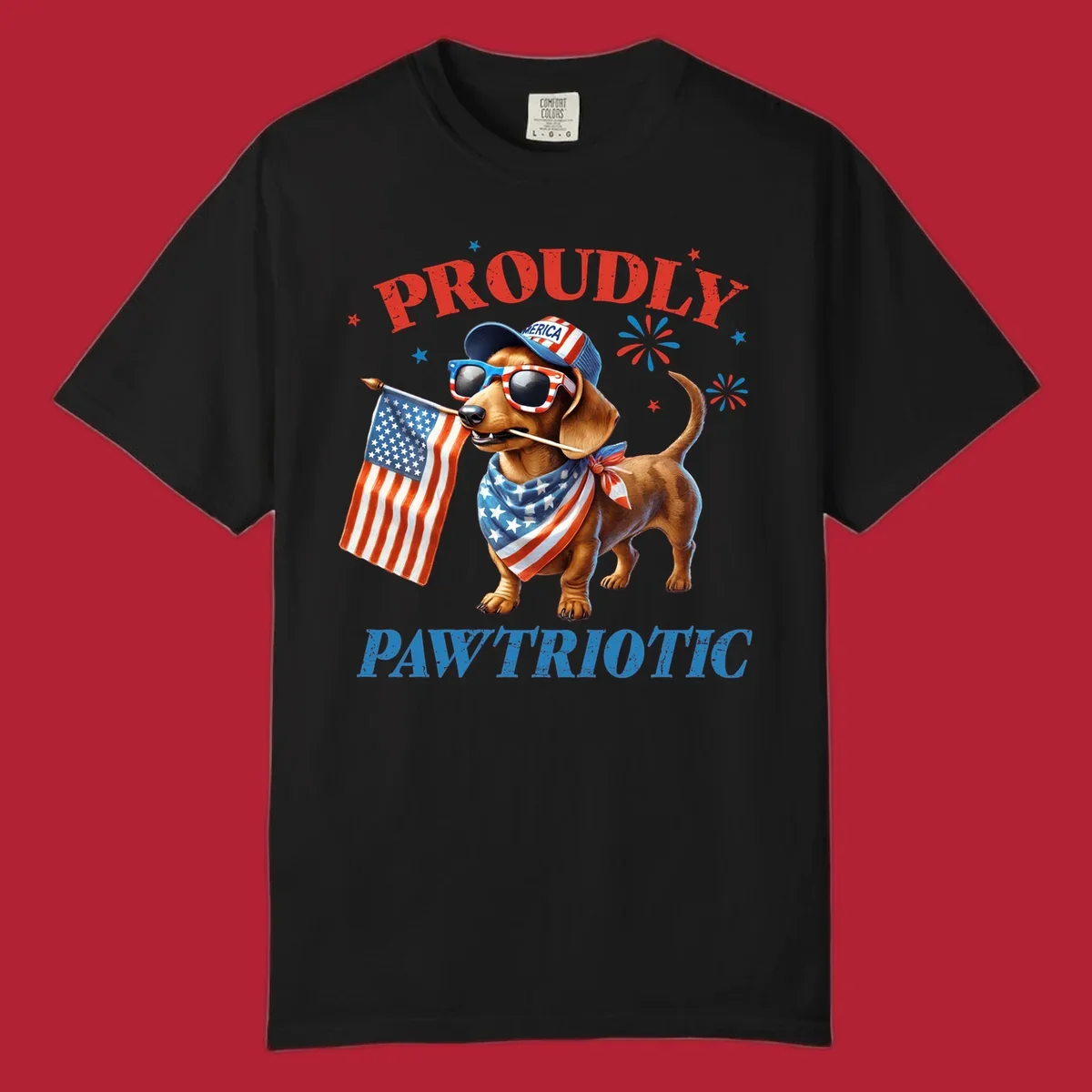 Proudly Pawtriotic Dachshund dog wearing sunglasses and a 'MERICA hat, holding an American flag.