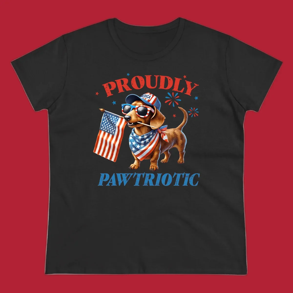 Proudly Pawtriotic Dachshund dog wearing sunglasses and a 'MERICA hat, holding an American flag.