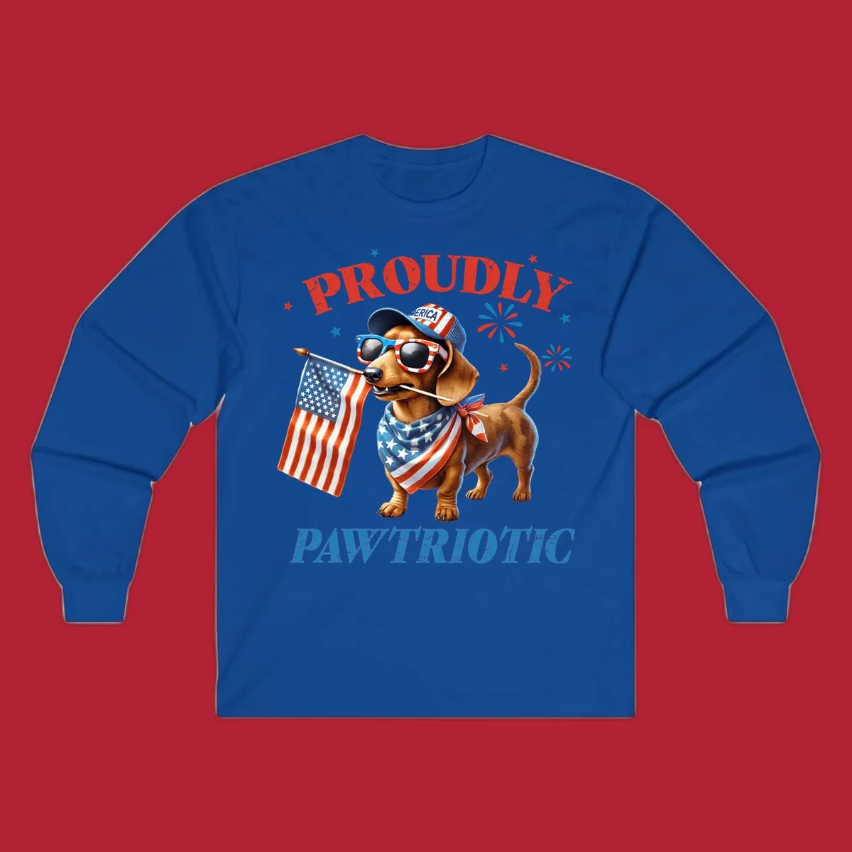 Proudly Pawtriotic Dachshund dog wearing sunglasses and a 'MERICA hat, holding an American flag.
