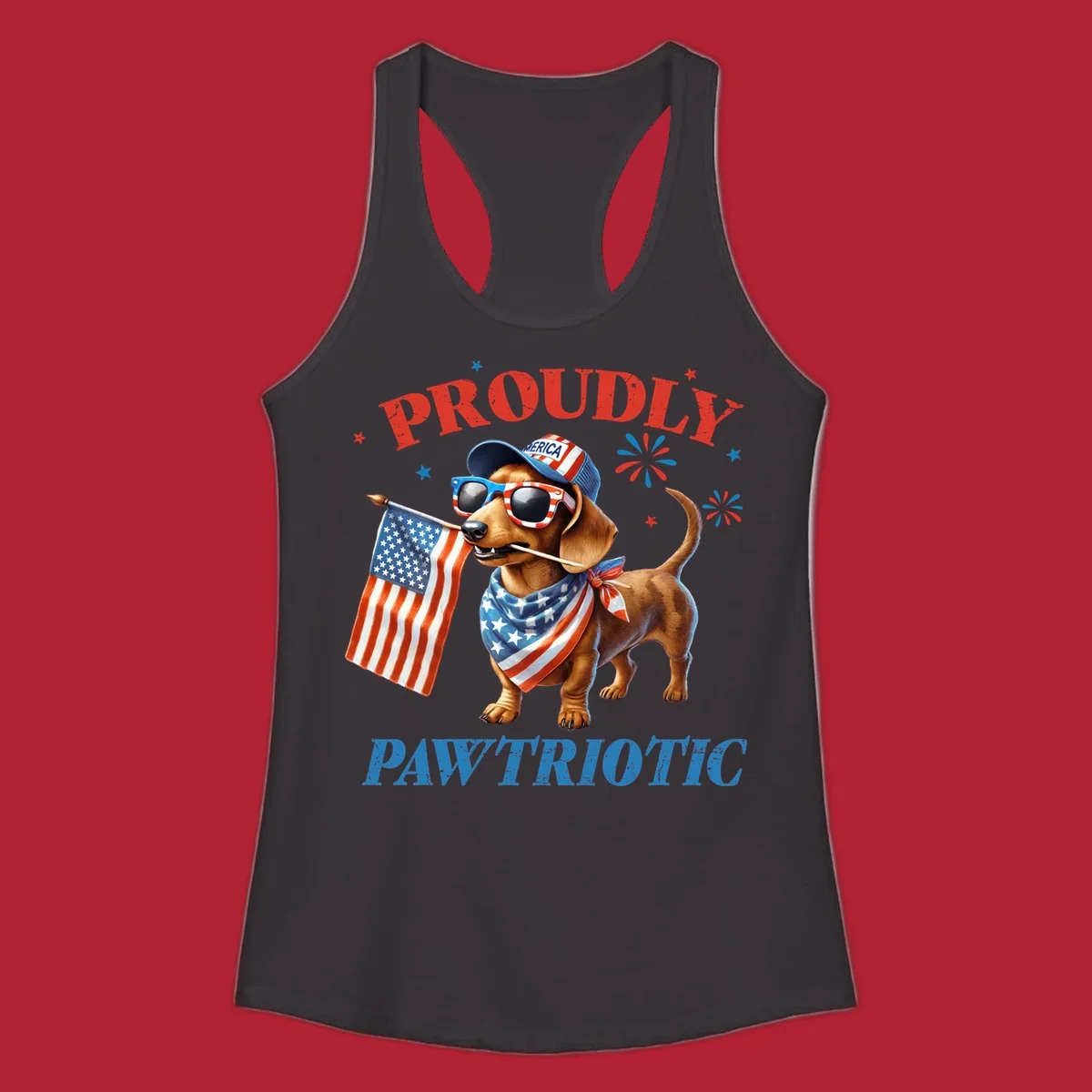 Proudly Pawtriotic Dachshund dog wearing sunglasses and a 'MERICA hat, holding an American flag.