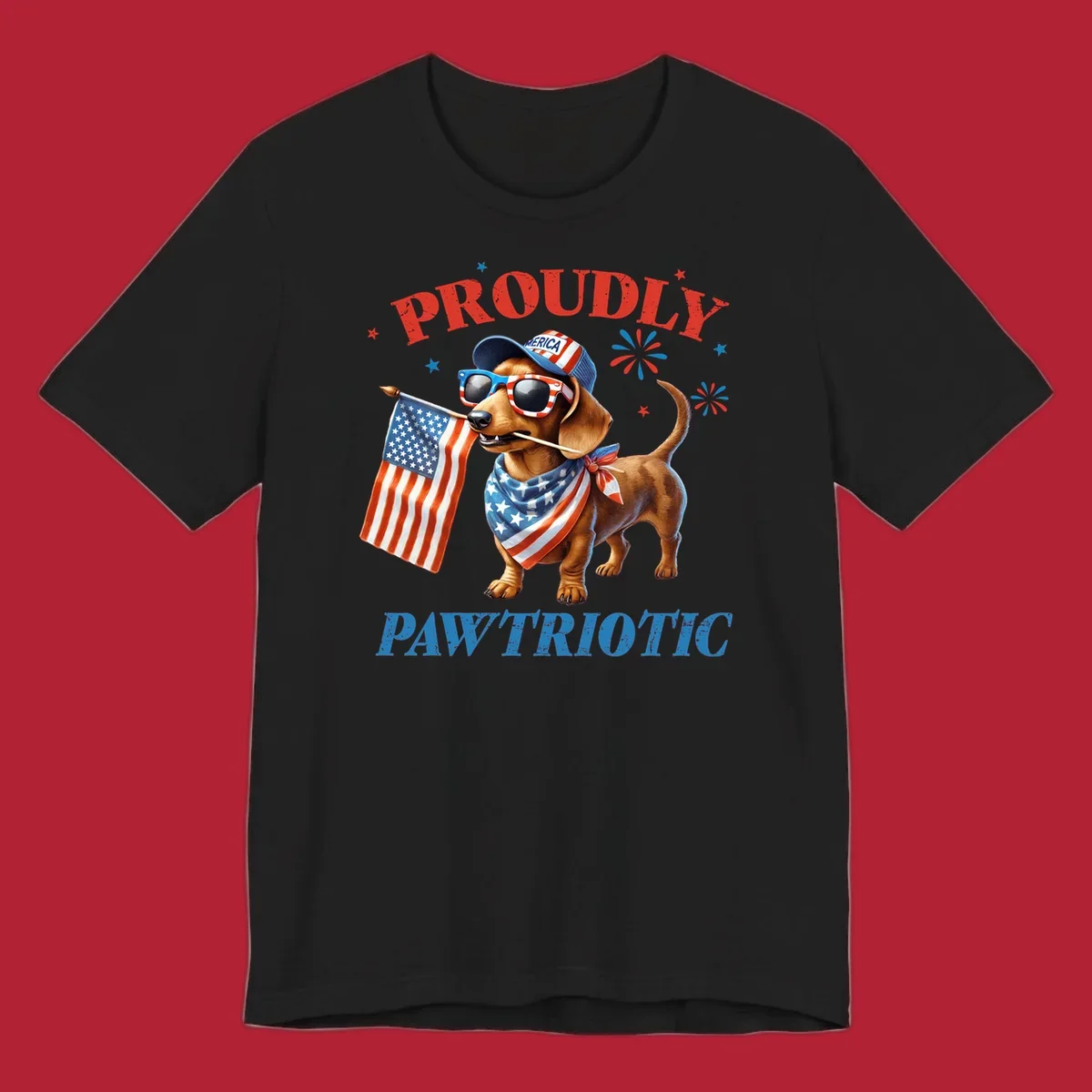 Proudly Pawtriotic Dachshund dog wearing sunglasses and a 'MERICA hat, holding an American flag.