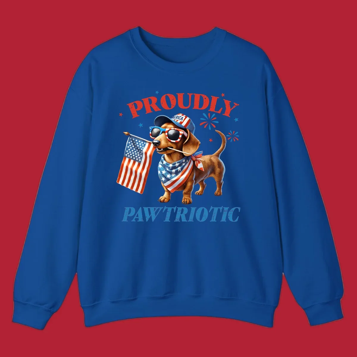 Proudly Pawtriotic Dachshund dog wearing sunglasses and a 'MERICA hat, holding an American flag.