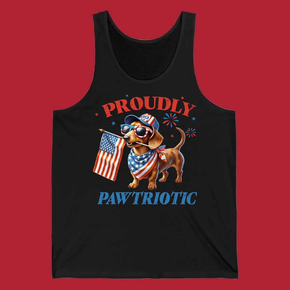 Proudly Pawtriotic Dachshund dog wearing sunglasses and a 'MERICA hat, holding an American flag.