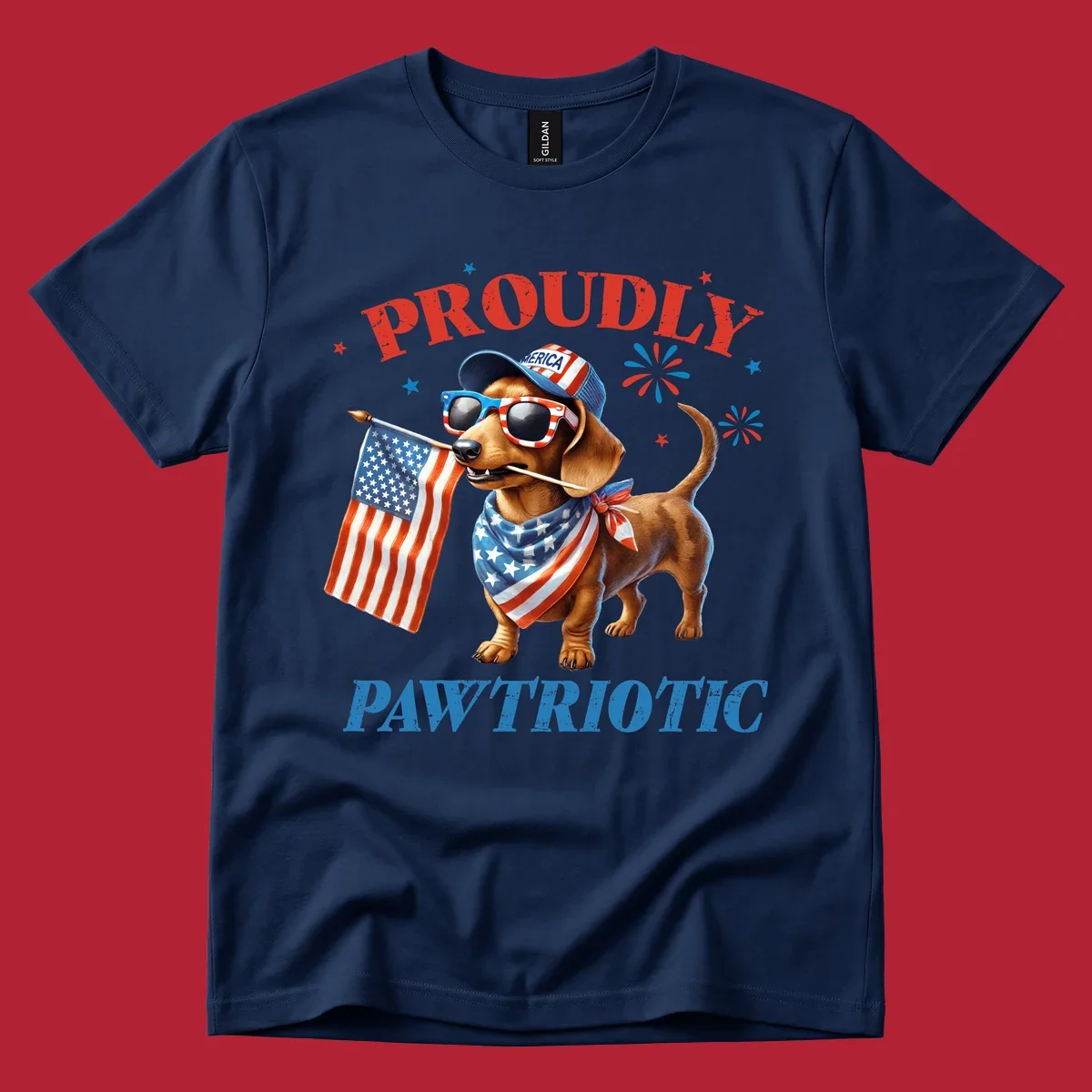 Proudly Pawtriotic Dachshund dog wearing sunglasses and a 'MERICA hat, holding an American flag.