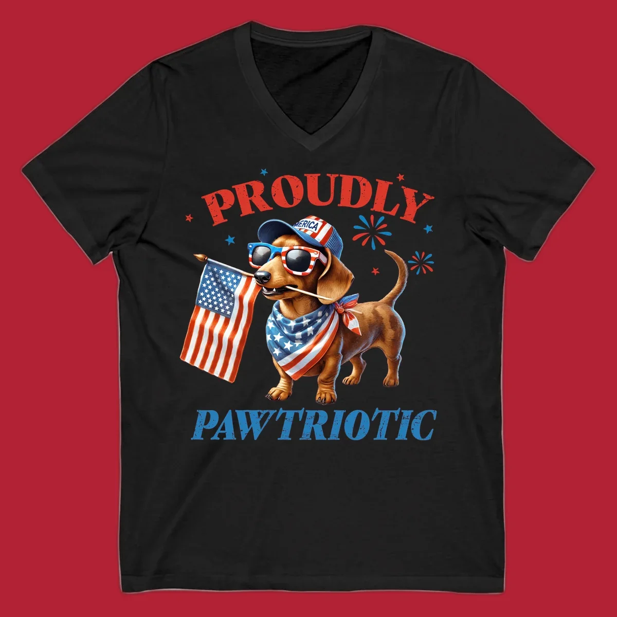 Proudly Pawtriotic Dachshund dog wearing sunglasses and a 'MERICA hat, holding an American flag.