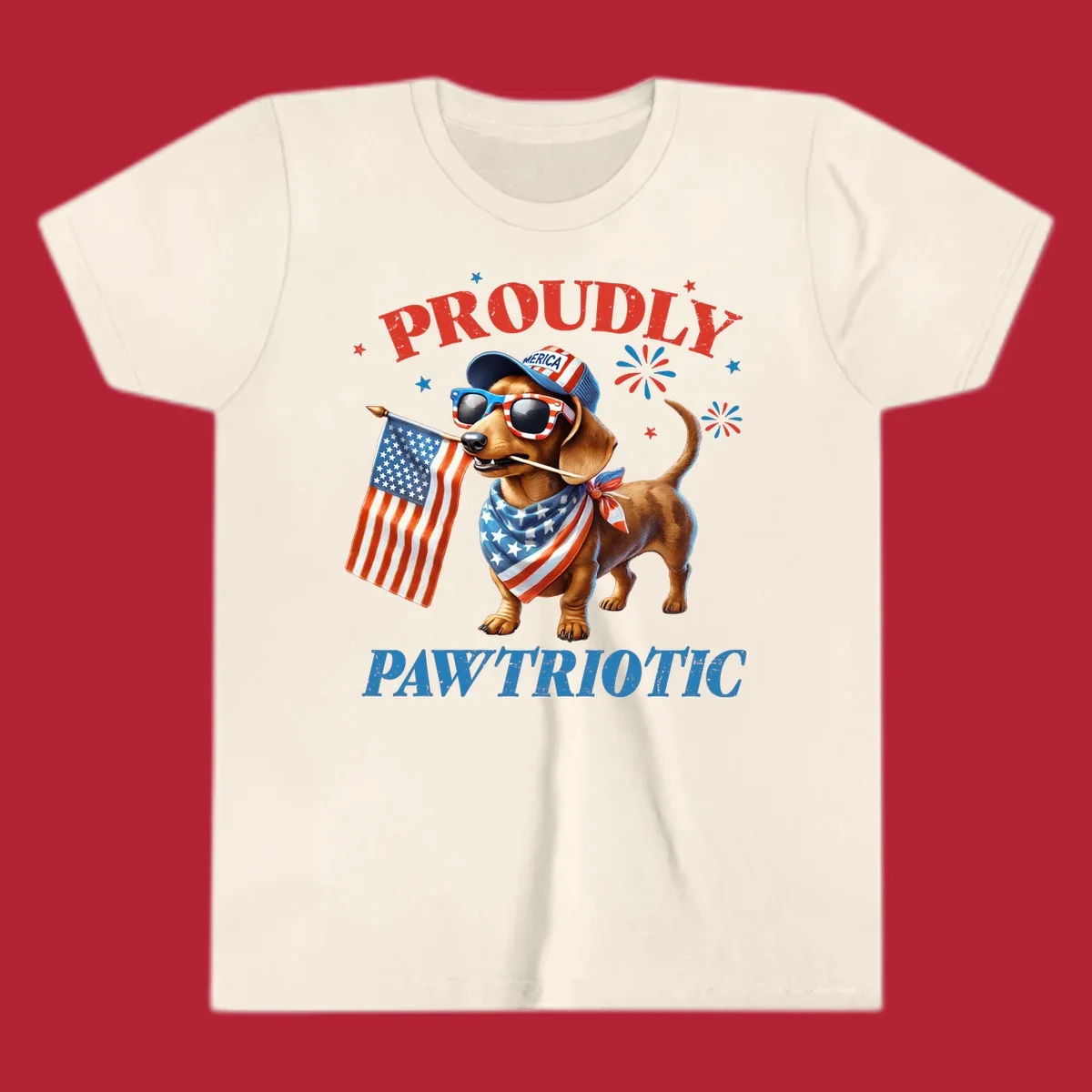Proudly Pawtriotic Dachshund dog wearing sunglasses and a 'MERICA hat, holding an American flag.