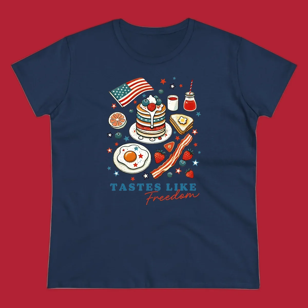 An illustration of a patriotic breakfast with an American flag, pancakes, bacon, eggs, and the text 'Tastes Like Freedom'.