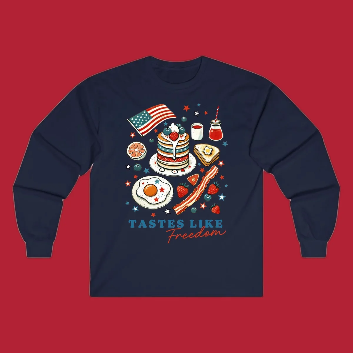 An illustration of a patriotic breakfast with an American flag, pancakes, bacon, eggs, and the text 'Tastes Like Freedom'.