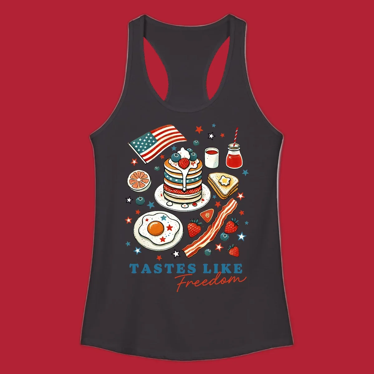 An illustration of a patriotic breakfast with an American flag, pancakes, bacon, eggs, and the text 'Tastes Like Freedom'.