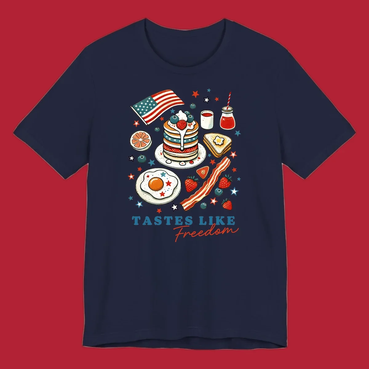 An illustration of a patriotic breakfast with an American flag, pancakes, bacon, eggs, and the text 'Tastes Like Freedom'.