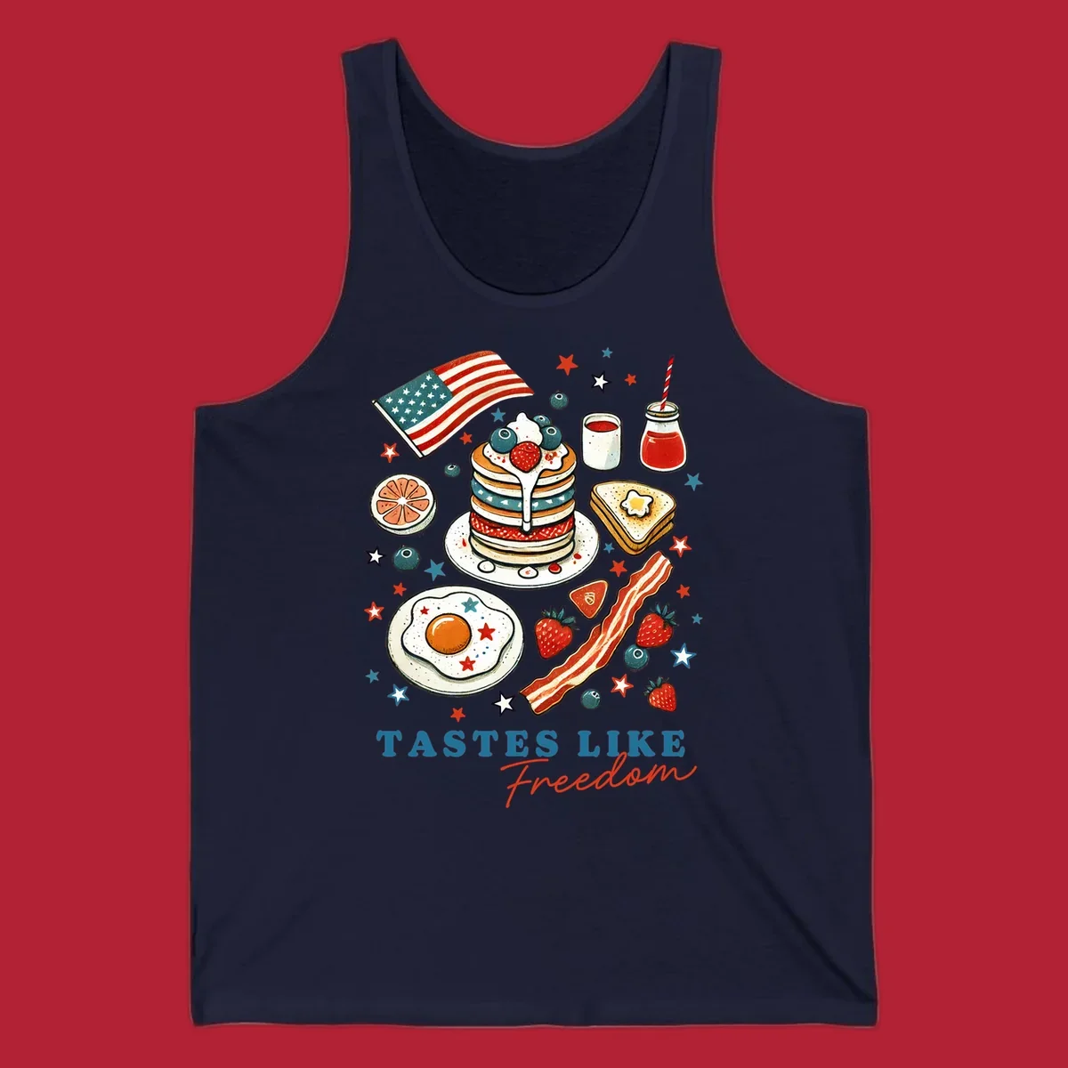 An illustration of a patriotic breakfast with an American flag, pancakes, bacon, eggs, and the text 'Tastes Like Freedom'.
