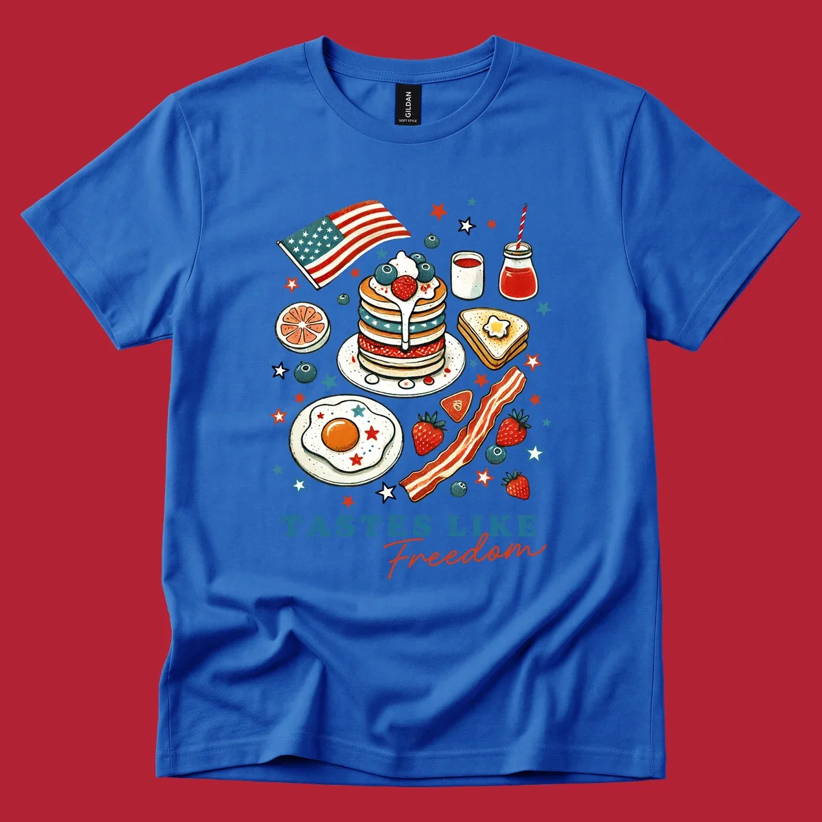 An illustration of a patriotic breakfast with an American flag, pancakes, bacon, eggs, and the text 'Tastes Like Freedom'.