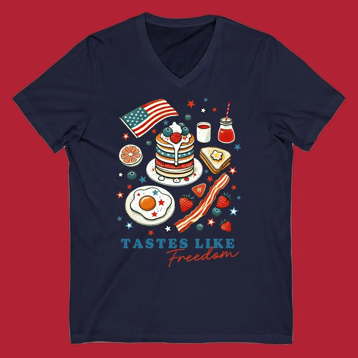 An illustration of a patriotic breakfast with an American flag, pancakes, bacon, eggs, and the text 'Tastes Like Freedom'.