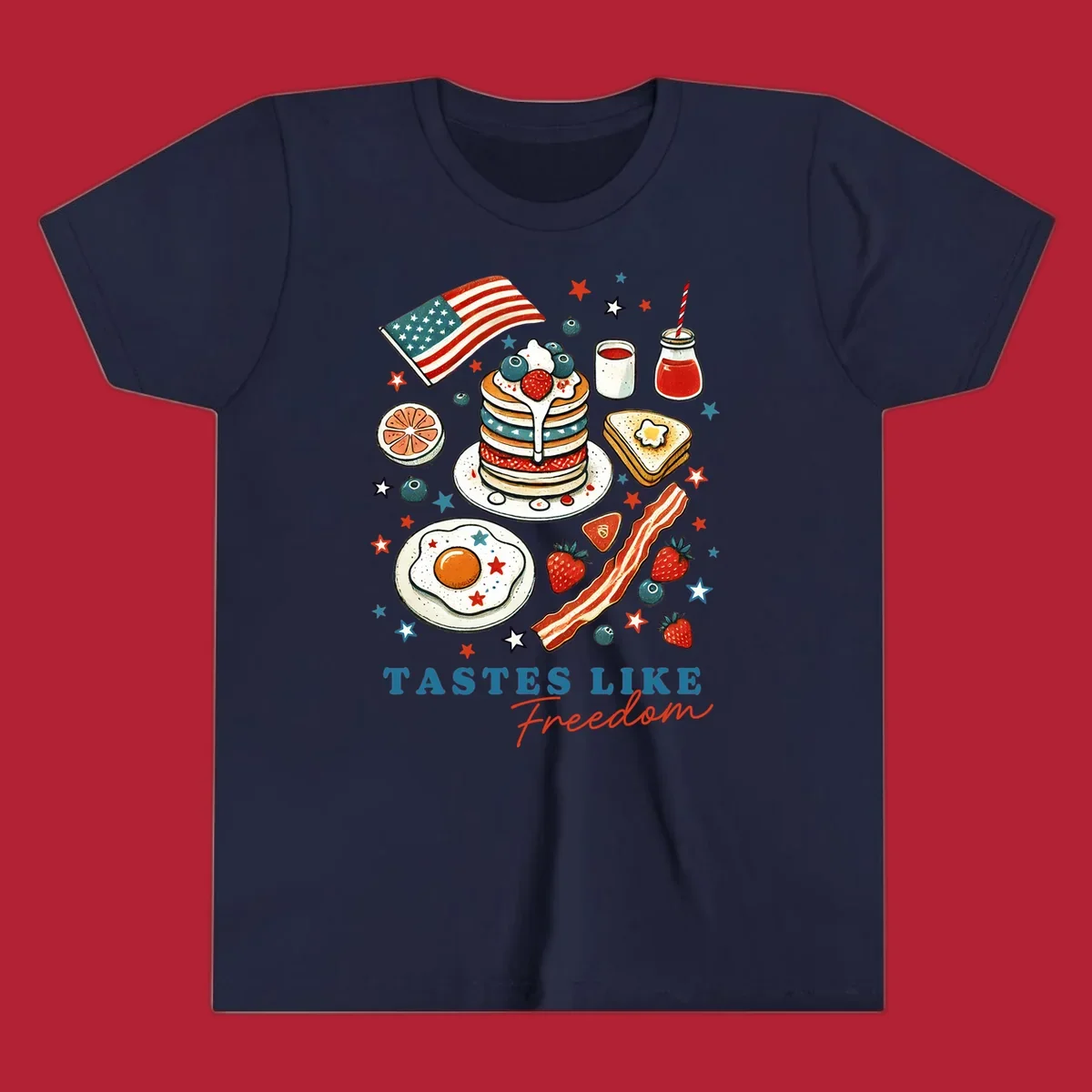 An illustration of a patriotic breakfast with an American flag, pancakes, bacon, eggs, and the text 'Tastes Like Freedom'.