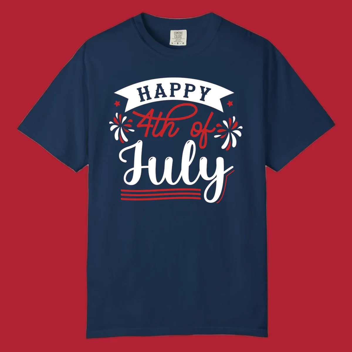 A festive "Happy 4th of July" design with a banner, stars, and fireworks, celebrating independence day.