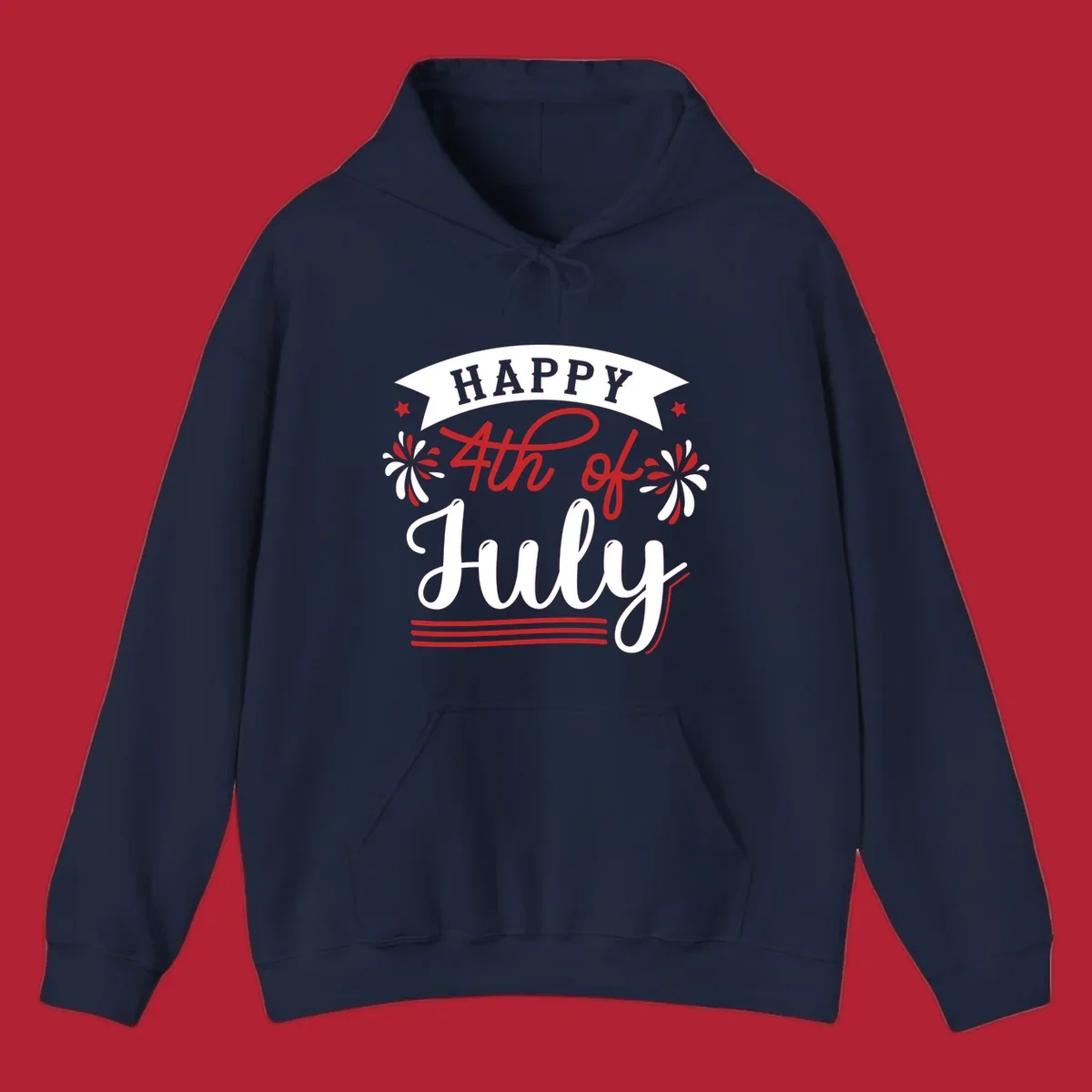 A festive "Happy 4th of July" design with a banner, stars, and fireworks, celebrating independence day.