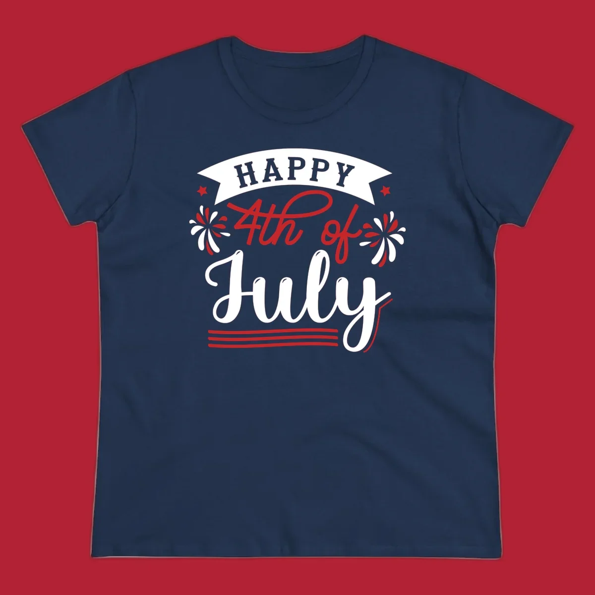 A festive "Happy 4th of July" design with a banner, stars, and fireworks, celebrating independence day.