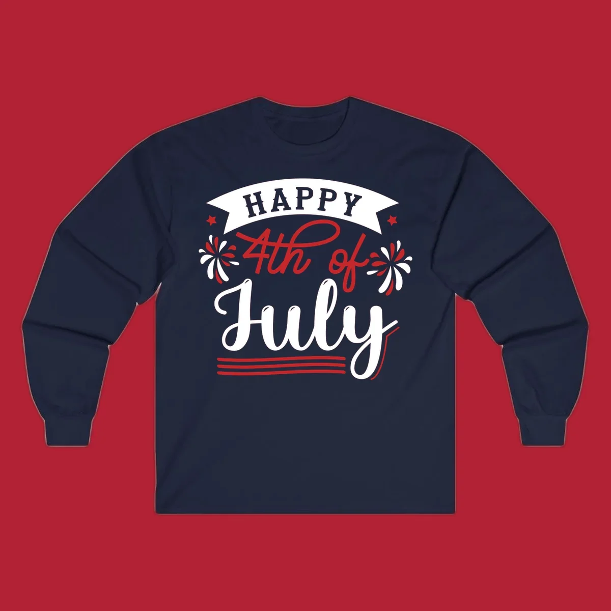 A festive "Happy 4th of July" design with a banner, stars, and fireworks, celebrating independence day.
