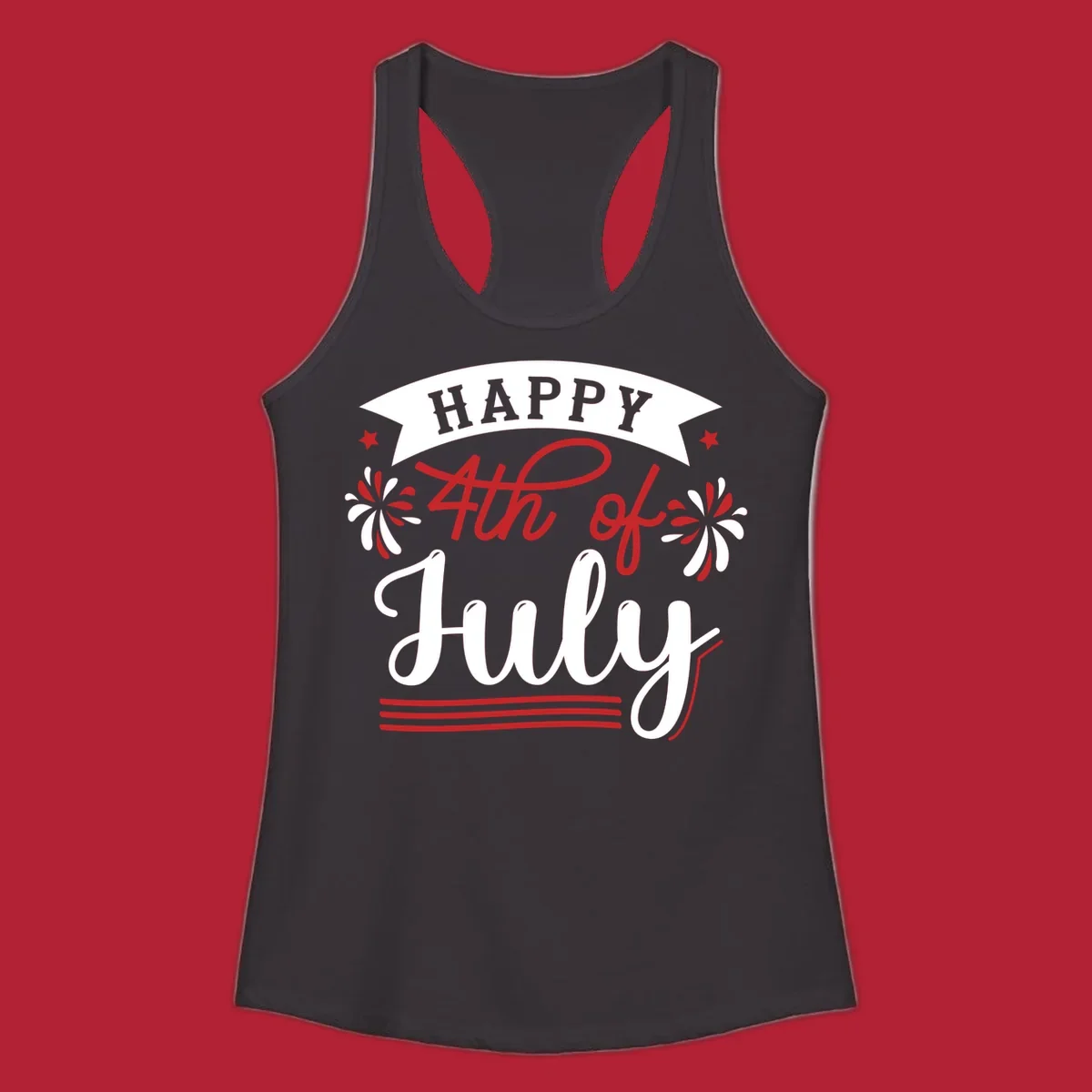 A festive "Happy 4th of July" design with a banner, stars, and fireworks, celebrating independence day.