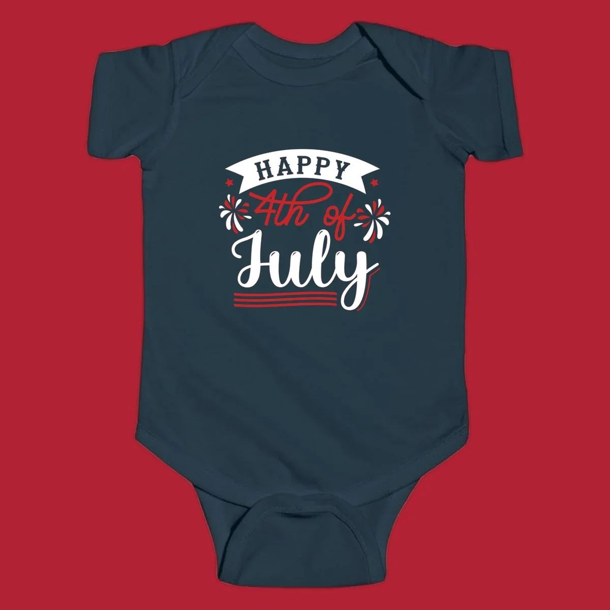 A festive "Happy 4th of July" design with a banner, stars, and fireworks, celebrating independence day.