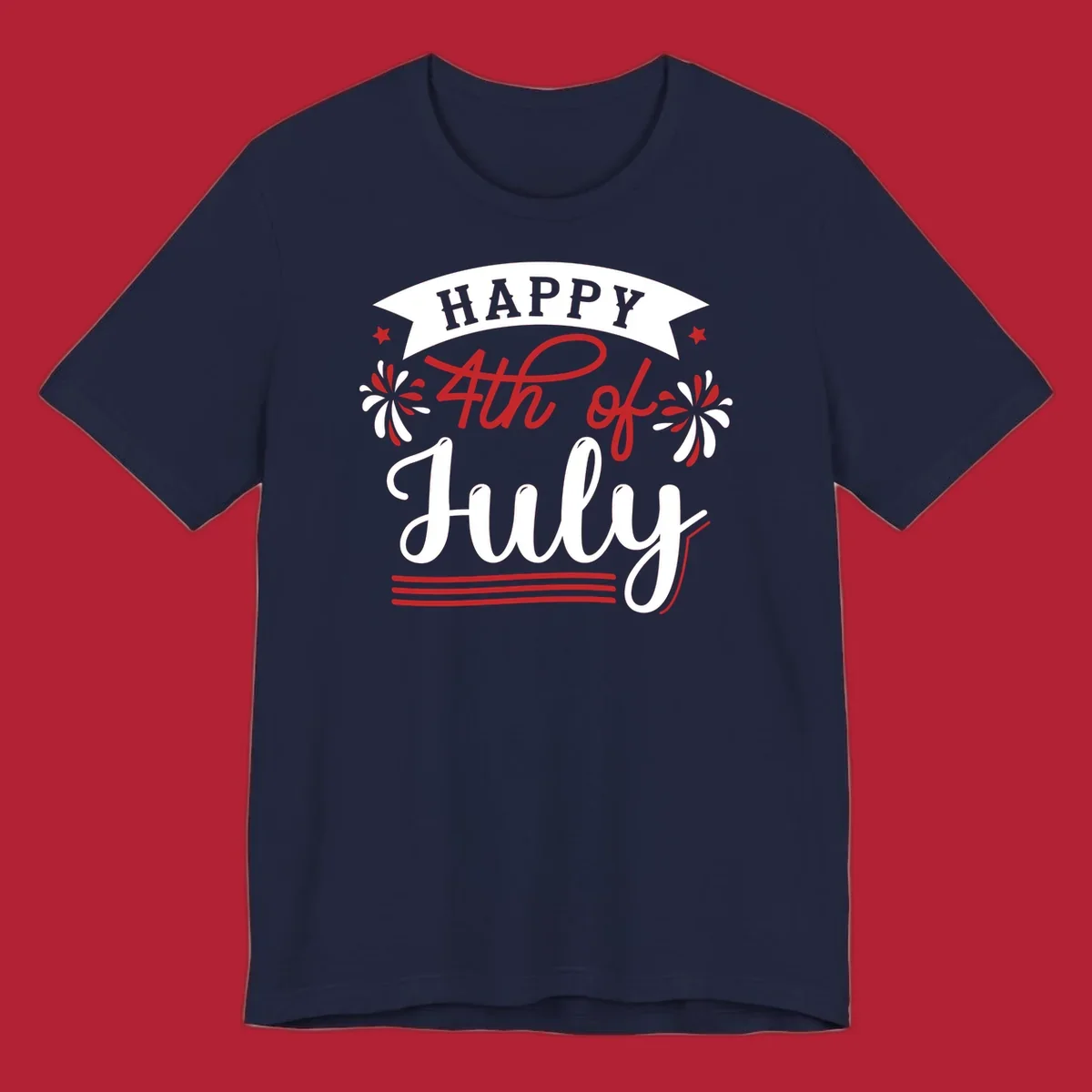 A festive "Happy 4th of July" design with a banner, stars, and fireworks, celebrating independence day.