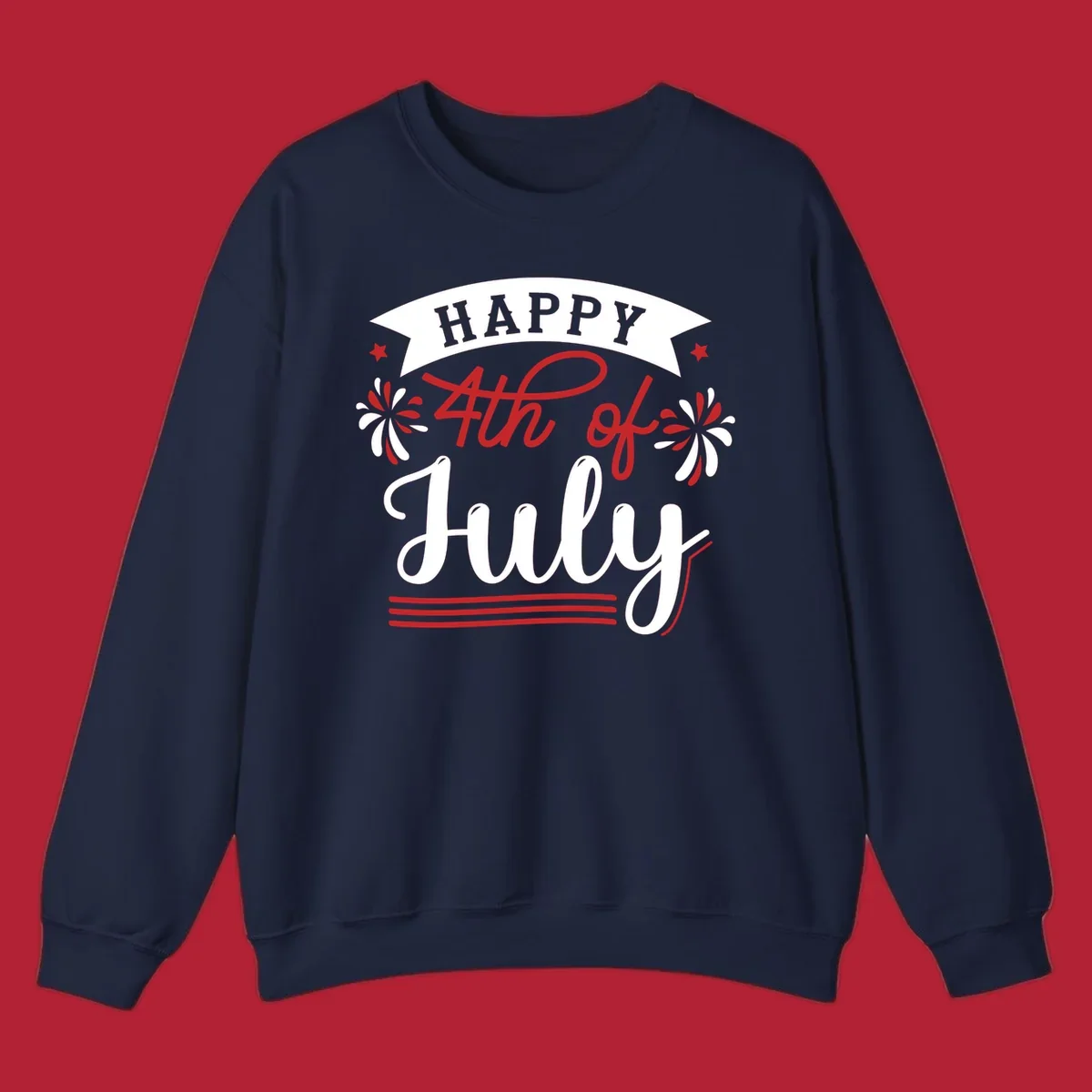 A festive "Happy 4th of July" design with a banner, stars, and fireworks, celebrating independence day.