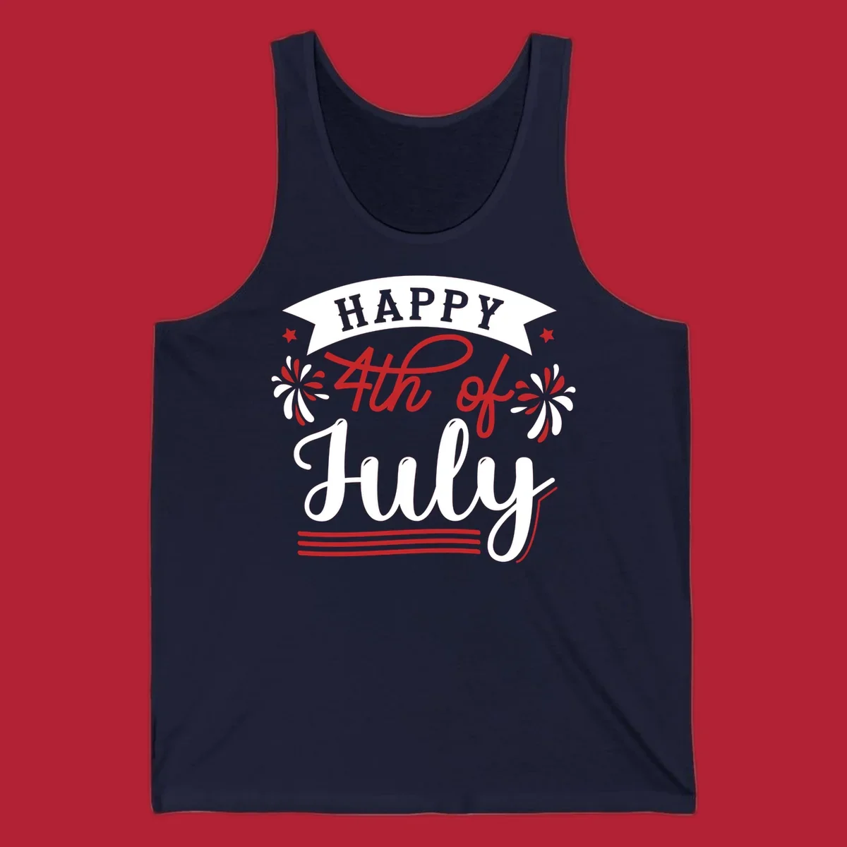 A festive "Happy 4th of July" design with a banner, stars, and fireworks, celebrating independence day.