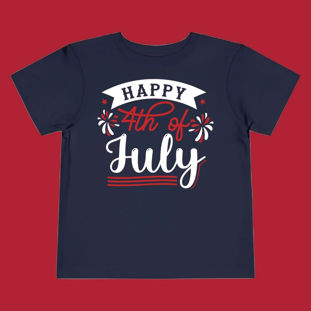 A festive "Happy 4th of July" design with a banner, stars, and fireworks, celebrating independence day.