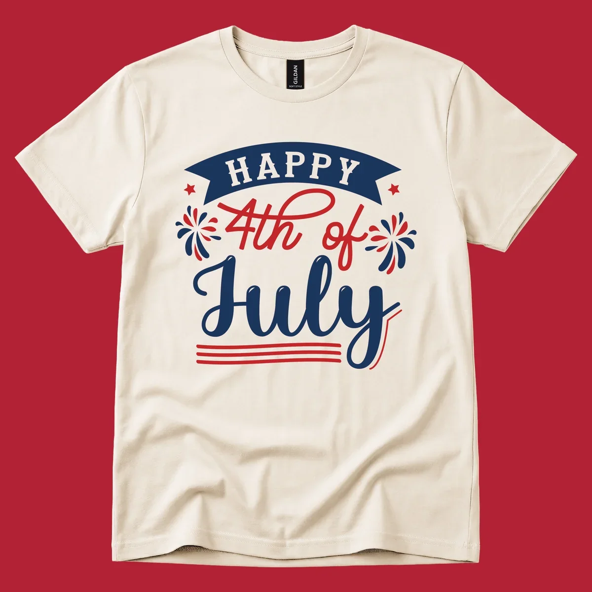 A festive "Happy 4th of July" design with a banner, stars, and fireworks, celebrating independence day.