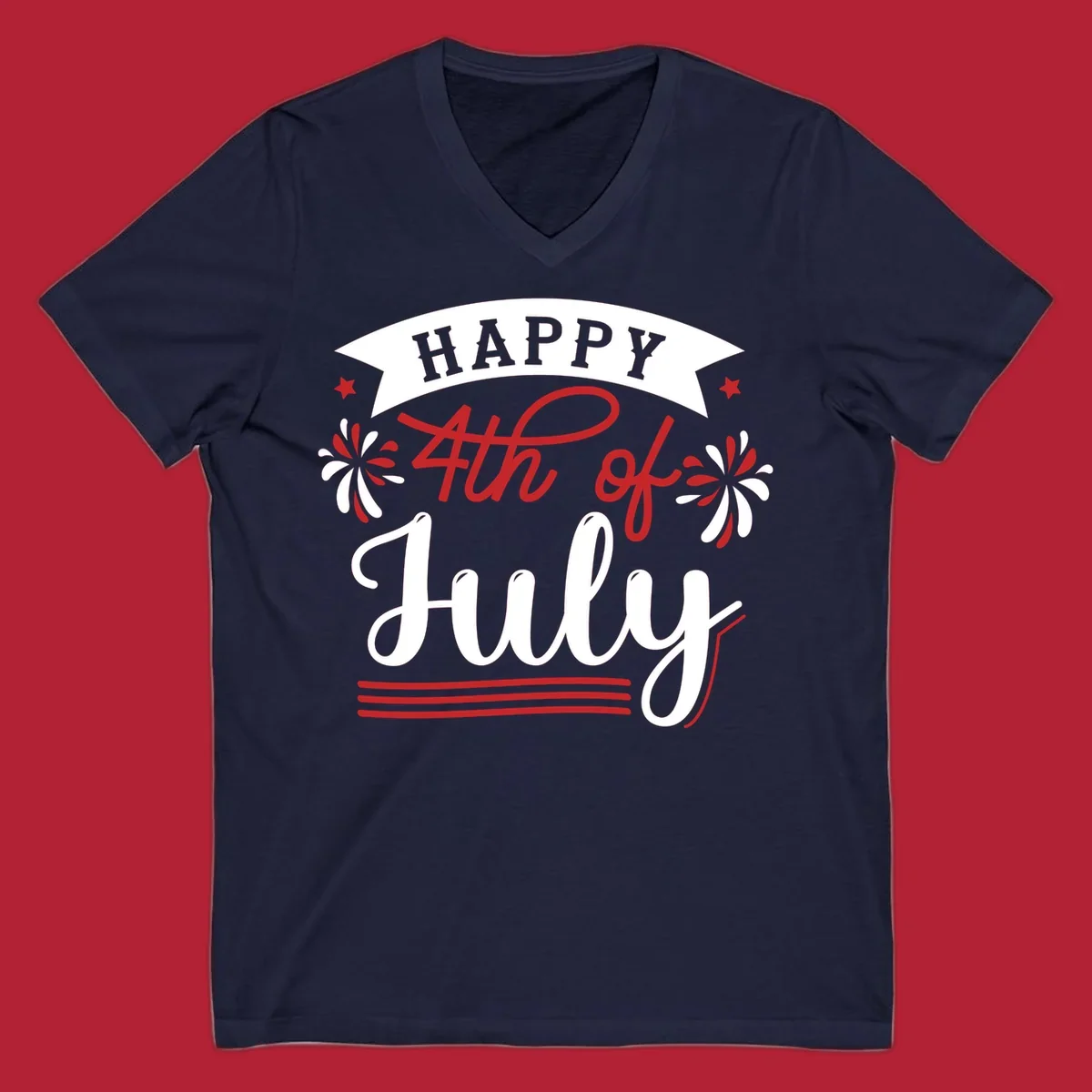 A festive "Happy 4th of July" design with a banner, stars, and fireworks, celebrating independence day.