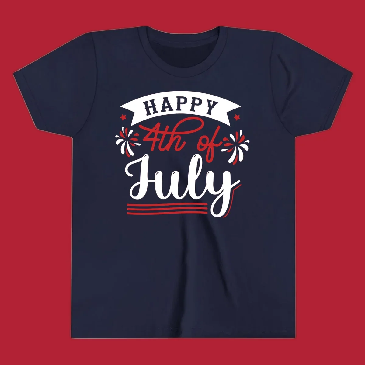 A festive "Happy 4th of July" design with a banner, stars, and fireworks, celebrating independence day.