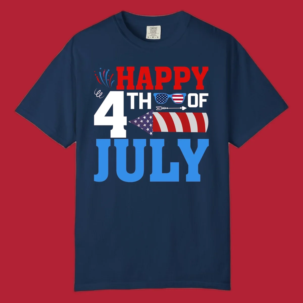 Happy 4th of July fireworks design with patriotic sunglasses and a firecracker rocket.
