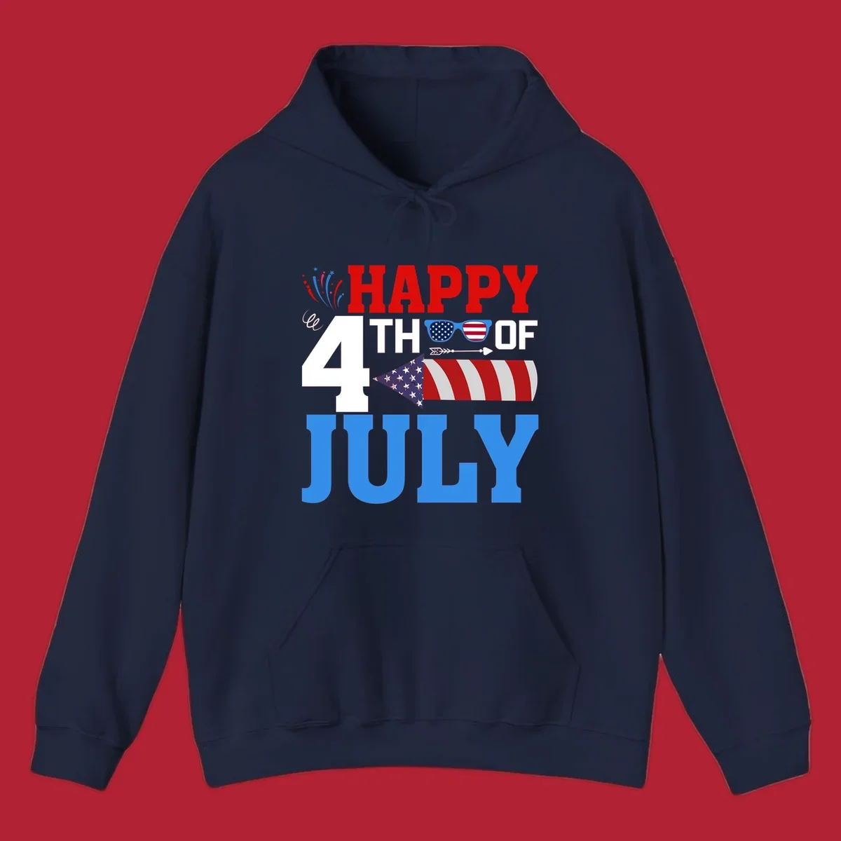 Happy 4th of July fireworks design with patriotic sunglasses and a firecracker rocket.