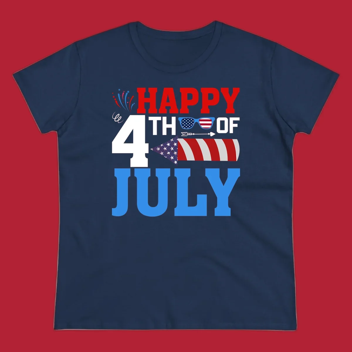 Happy 4th of July fireworks design with patriotic sunglasses and a firecracker rocket.