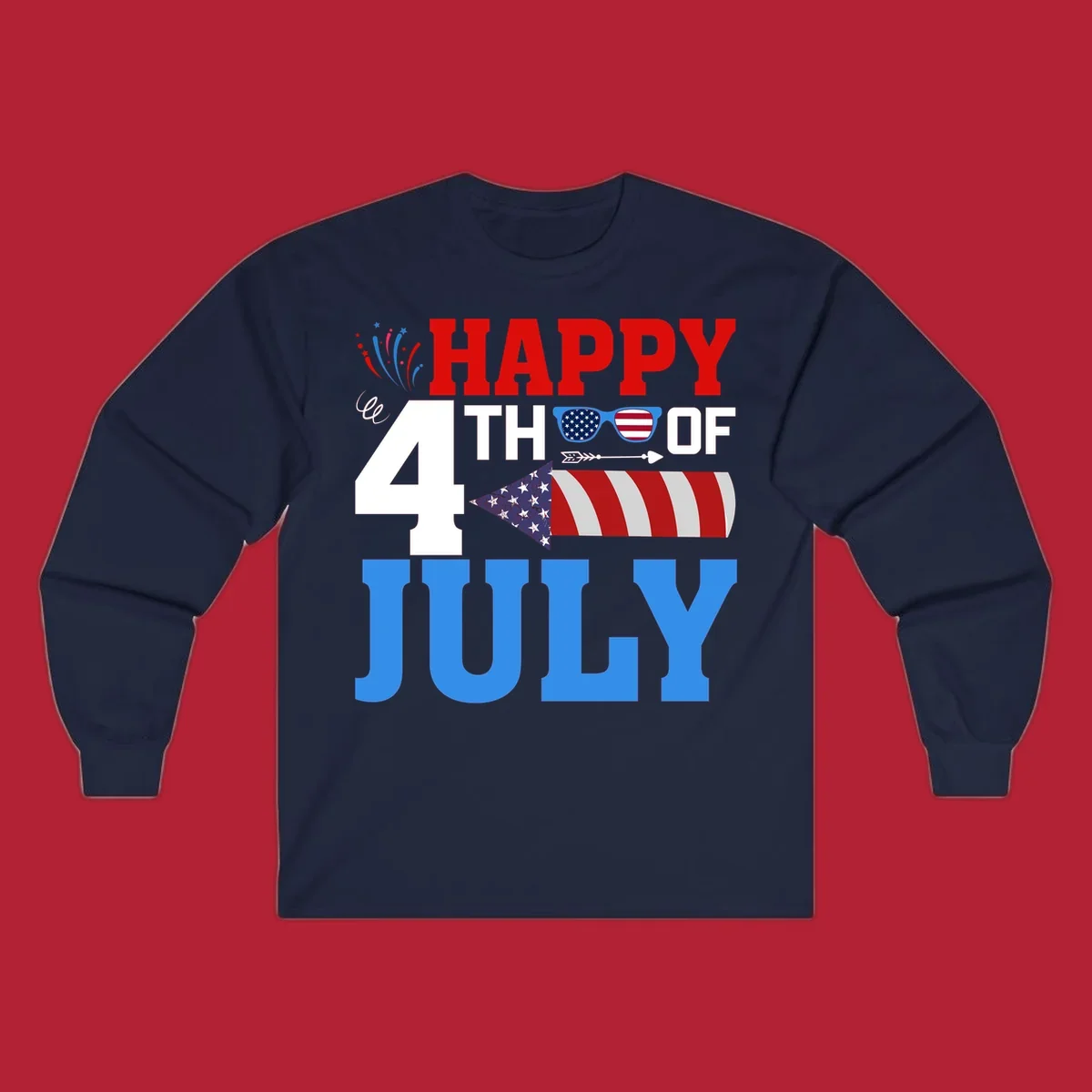 Happy 4th of July fireworks design with patriotic sunglasses and a firecracker rocket.