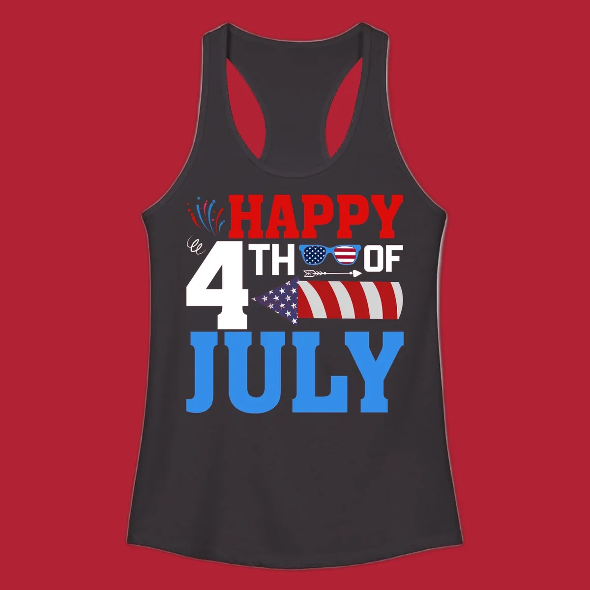 Happy 4th of July fireworks design with patriotic sunglasses and a firecracker rocket.