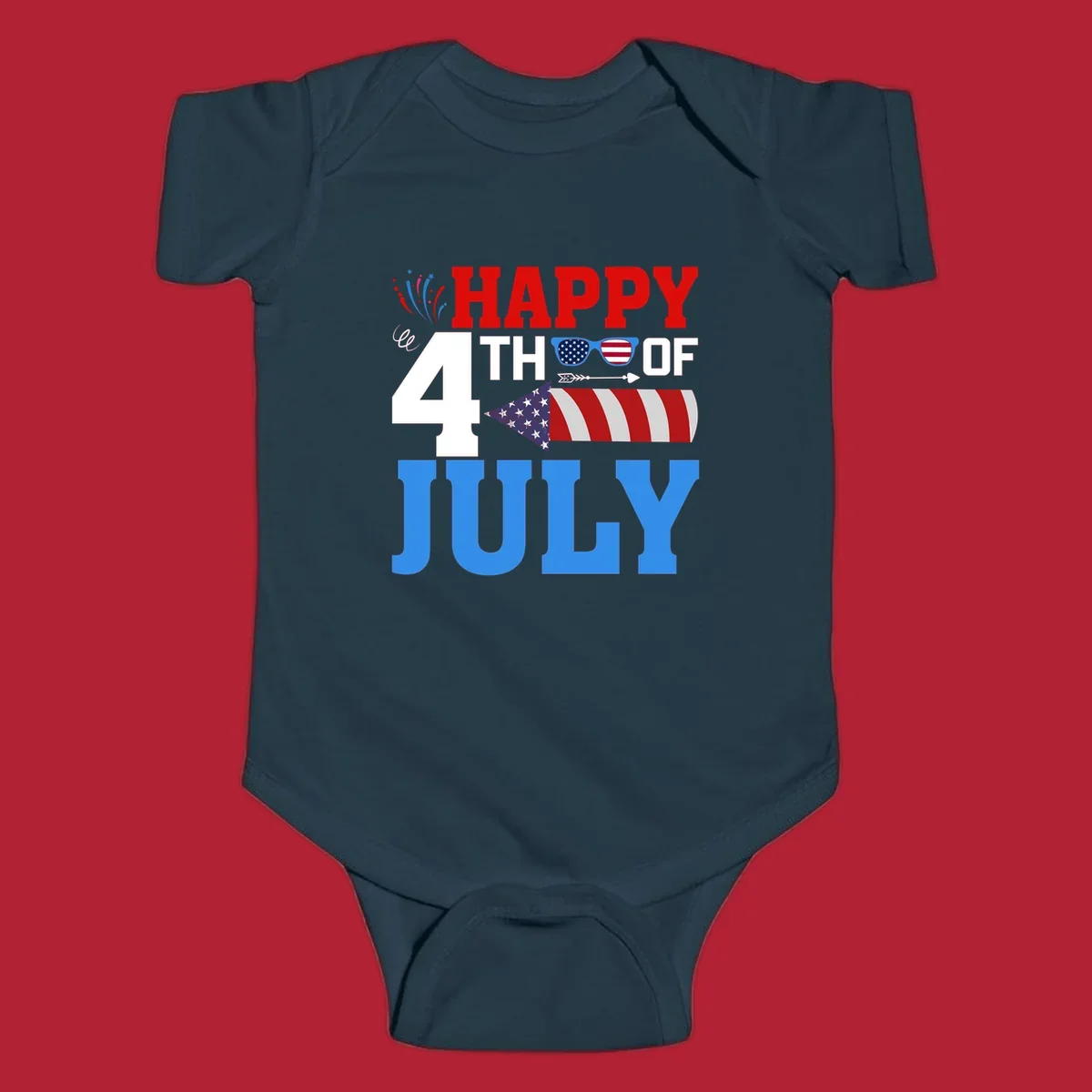 Happy 4th of July fireworks design with patriotic sunglasses and a firecracker rocket.