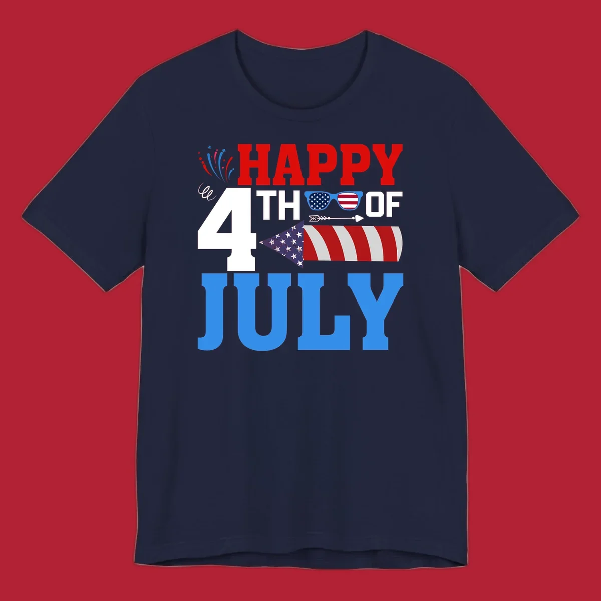 Happy 4th of July fireworks design with patriotic sunglasses and a firecracker rocket.