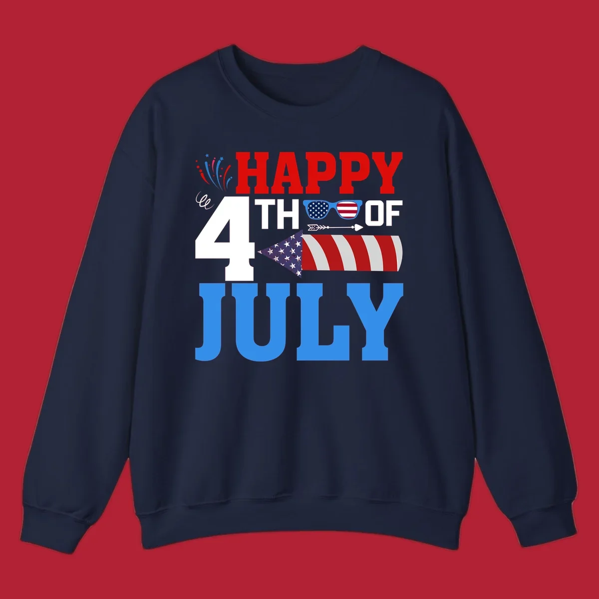 Happy 4th of July fireworks design with patriotic sunglasses and a firecracker rocket.