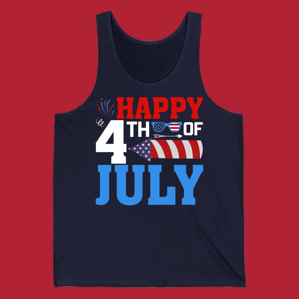 Happy 4th of July fireworks design with patriotic sunglasses and a firecracker rocket.