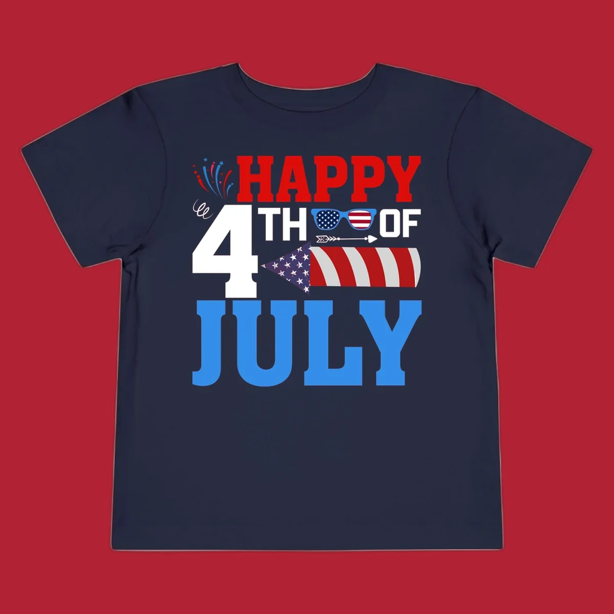 Happy 4th of July fireworks design with patriotic sunglasses and a firecracker rocket.