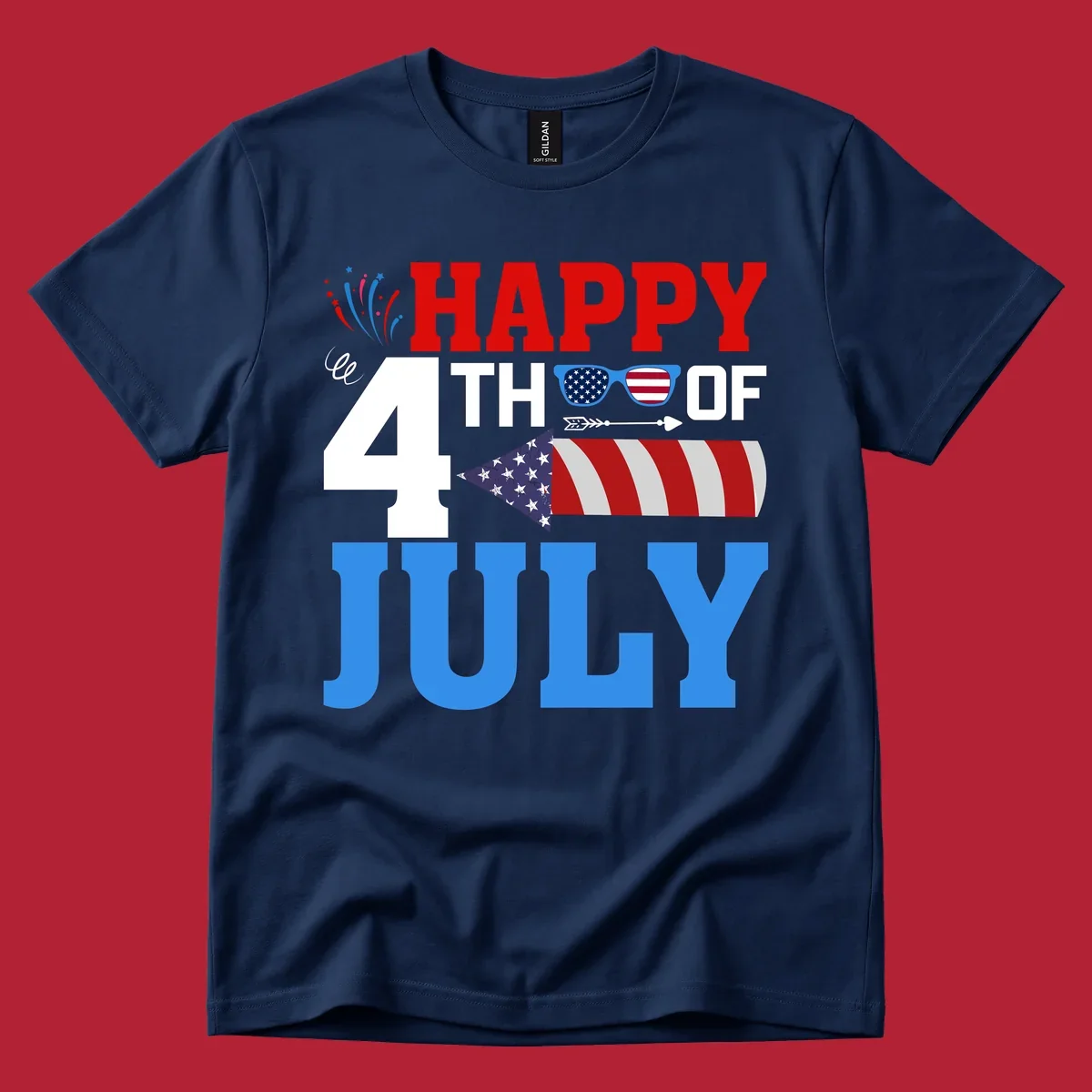 Happy 4th of July fireworks design with patriotic sunglasses and a firecracker rocket.