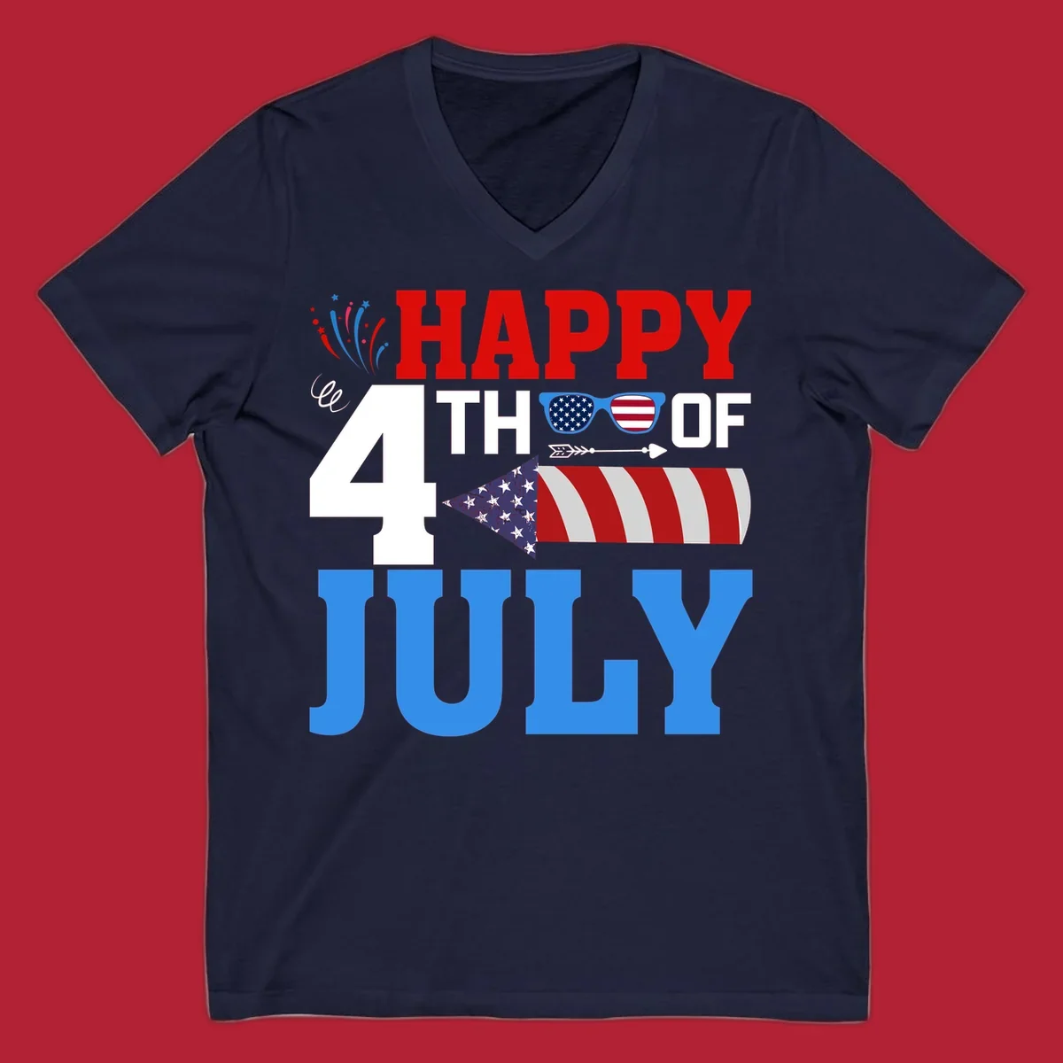 Happy 4th of July fireworks design with patriotic sunglasses and a firecracker rocket.