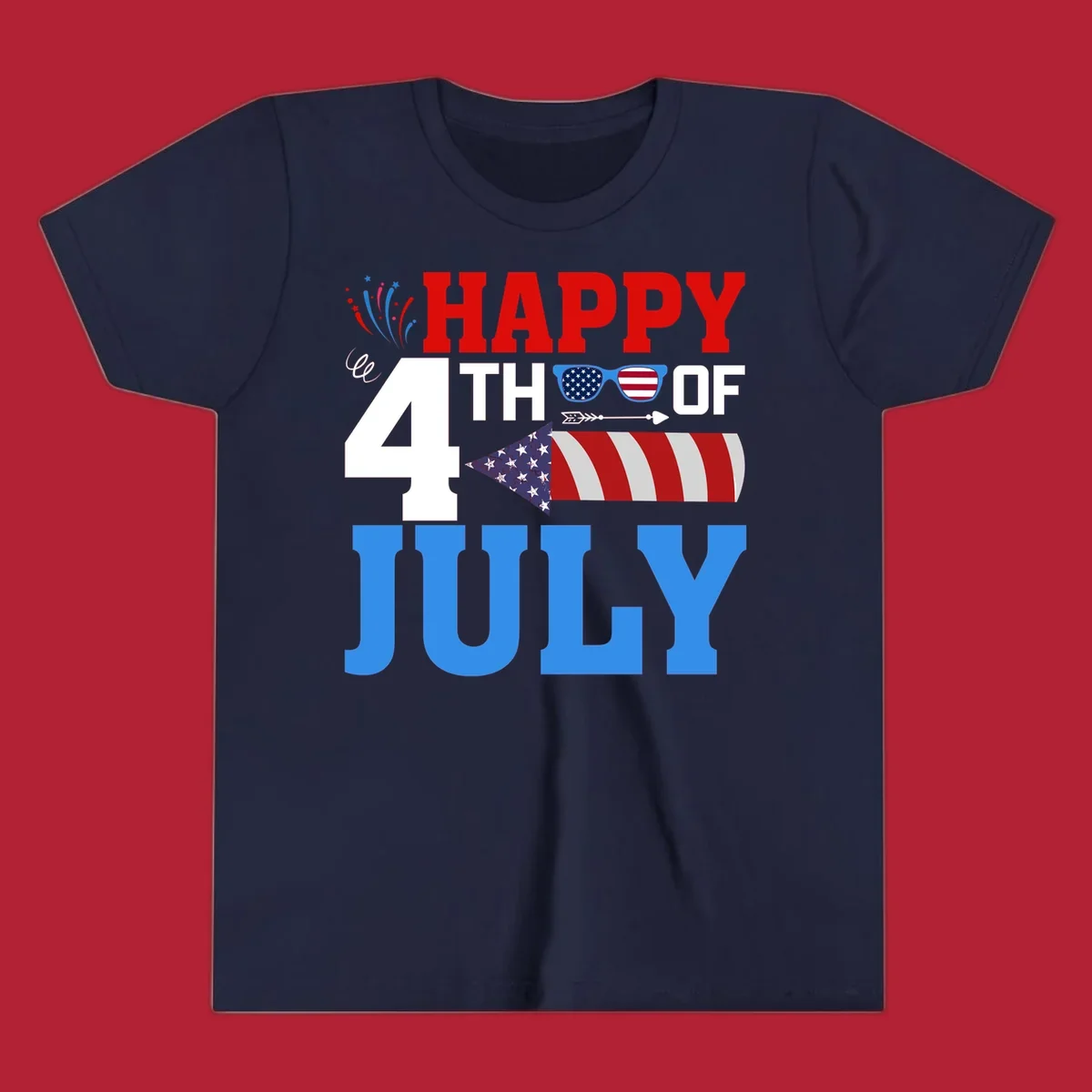 Happy 4th of July fireworks design with patriotic sunglasses and a firecracker rocket.