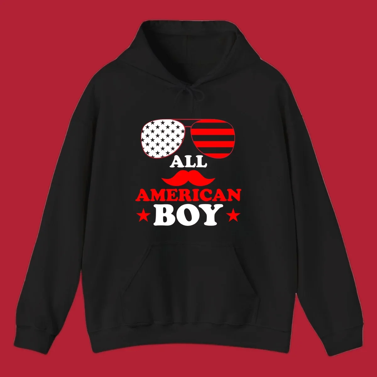 All American Boy patriotic design with aviator sunglasses featuring stars and stripes, a red mustache, and bold text.