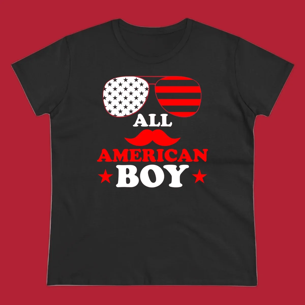All American Boy patriotic design with aviator sunglasses featuring stars and stripes, a red mustache, and bold text.