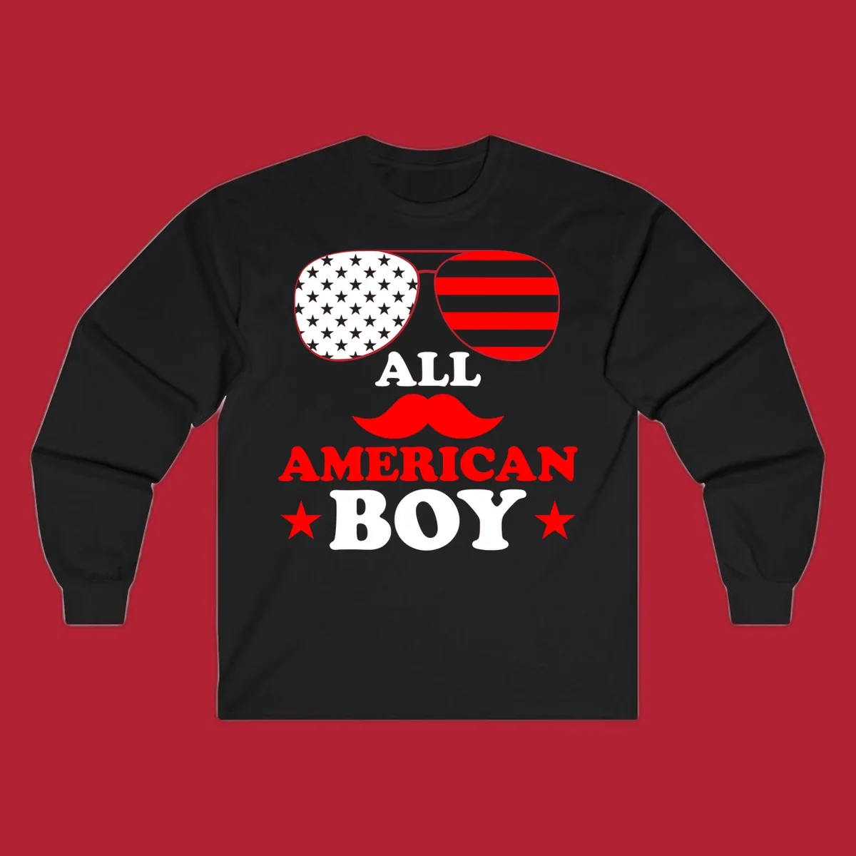All American Boy patriotic design with aviator sunglasses featuring stars and stripes, a red mustache, and bold text.