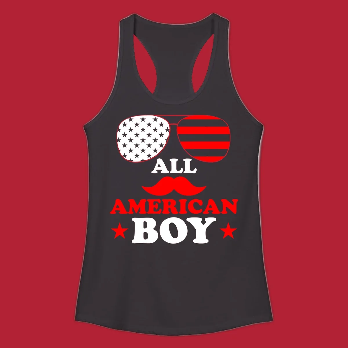All American Boy patriotic design with aviator sunglasses featuring stars and stripes, a red mustache, and bold text.