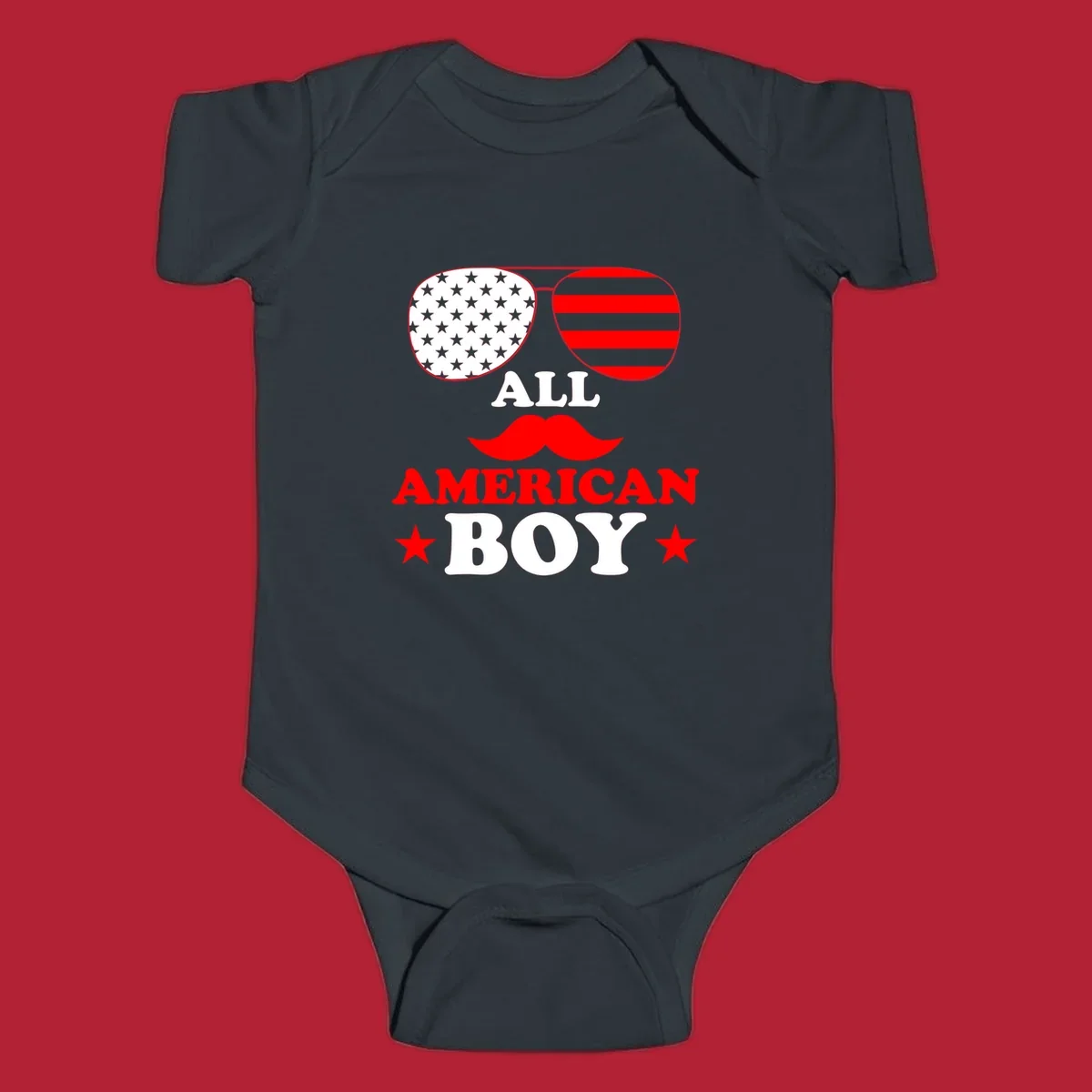 All American Boy patriotic design with aviator sunglasses featuring stars and stripes, a red mustache, and bold text.
